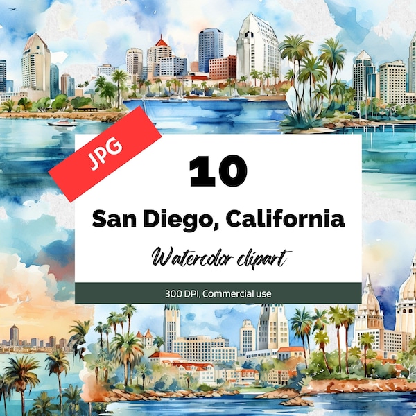 Watercolor San Diego California clipart, 10 High quality JPGs, Commercial use, Instant download, Card making, Seaside, Cities, USA, Travel