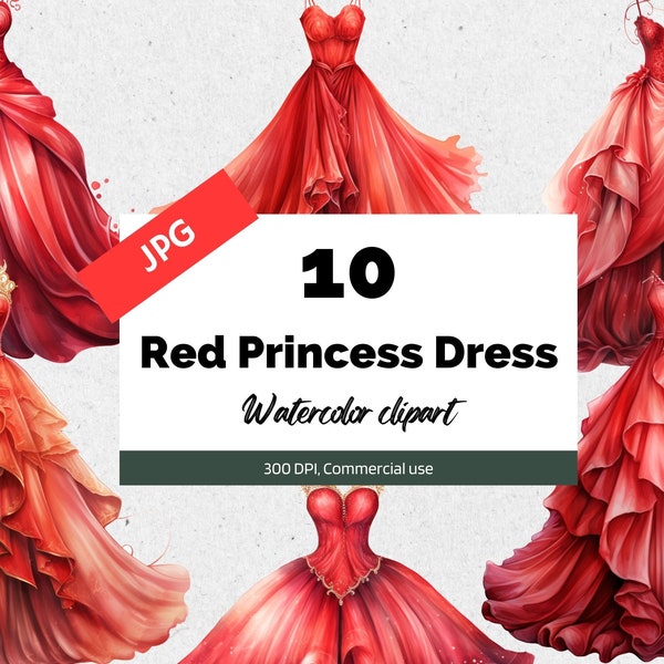 Red princess dress clipart, 10 High quality JPGs, Commercial use, Instant download, Fantasy, Make believe, Magical clip art, Card making