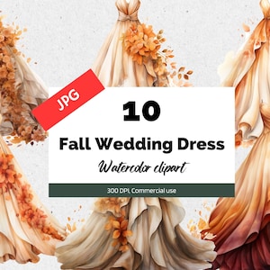 Autumn wedding dress clipart, 10 High quality JPGs, Commercial use, Instant download, autumn wedding, fall ballgown, gown, Fall, Card making