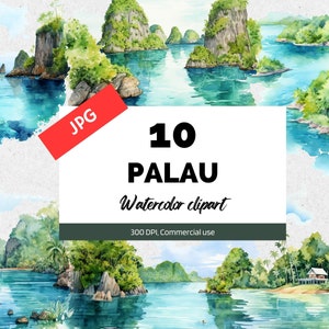 Aquarelle Palau clipart, 10 JPG de haute qualité, Utilisation commerciale, Téléchargement instantané, Fabrication de cartes, Vacances, Voyage, Carte postale, Été, station balnéaire