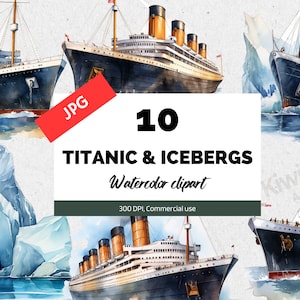 Clipart acquerello titanico e iceberg, 10 JPG di alta qualità, Wall art, Junk journal, Uso commerciale, Download digitale, Oceangate