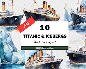 Watercolor titanic & iceberg clipart, 10 High quality JPGs, Wall art, Junk journal, Commercial use, Digital download, Oceangate