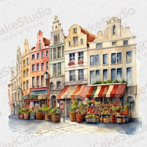 May include: Watercolor painting of a street scene with colorful buildings and a storefront with a striped awning. The storefront has a display of fresh produce, including fruits and vegetables.