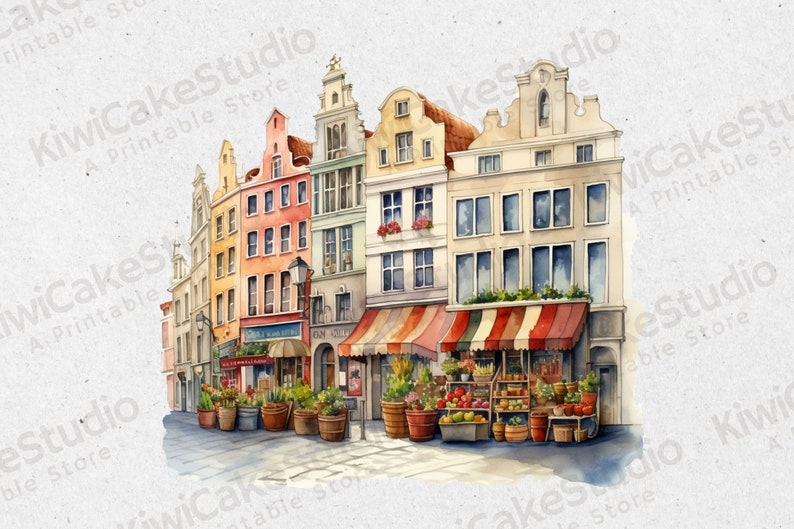 May include: Watercolor painting of a street scene with colorful buildings and a storefront with a striped awning. The storefront has a display of fresh produce, including fruits and vegetables.