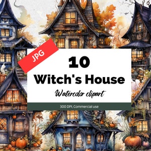 Imágenes prediseñadas de la casa de la bruja de acuarela, 10 JPG de alta calidad, imágenes prediseñadas de fantasía, casas de brujas de Halloween, imágenes prediseñadas de otoño otoño, uso comercial, tarjeta