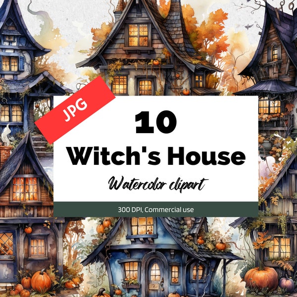 Watercolor witch's house clipart, 10 High quality JPGs, Fantasy cliparts, Halloween witch houses, Fall autumn clip art, Commercial use, Card