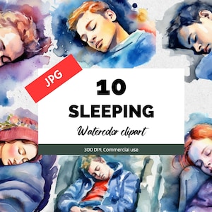 以下が含まれることがあります： さまざまなポーズで眠っている人々の水彩イラスト10点セット。イラストは柔らかく落ち着いた色合いで、さまざまな髪型と服装が特徴です。