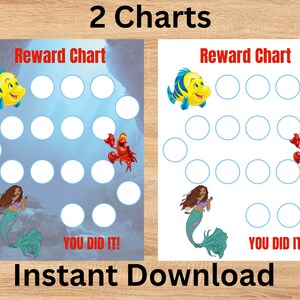 May include: Two printable reward charts featuring a mermaid and a crab with a blue ocean background. Each chart has 18 circles for stickers or other rewards. The text "Reward Chart" and "You Did It!" are included on each chart.