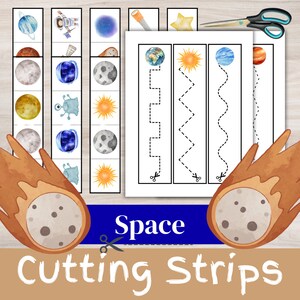 Space-Themed Cutting Strips for Kids | Scissor Skills Practice | Preschool Worksheets | Fine Motor Activities