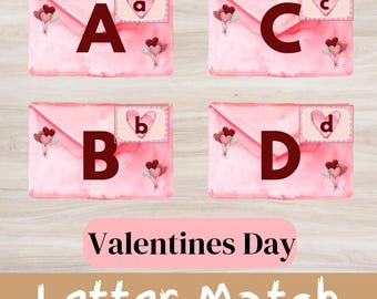 Op de afbeelding: Een Valentijnsdag-lettermatchingspel met vier roze enveloppen, elk met een andere letter van het alfabet (A, B, C, D) en een hart met een kleinere letter erin. De tekst "Valentines Day Letter Match" staat onderaan de afbeelding.