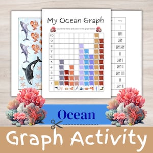 May include: A printable ocean-themed graph activity for children. The worksheet includes a chart with ocean animals, a tally chart, and a graph to colour in. The text on the worksheet says "My Ocean Graph" and "Count the items and colour in the graph below".