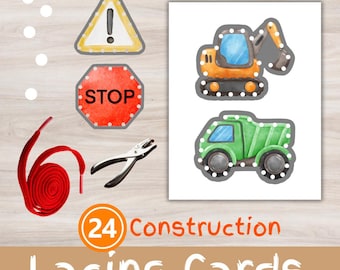 Tarjetas de construcción con cordones: 24 páginas imprimibles, actividad de motricidad fina, herramientas educativas preescolares, inspiración Montessori