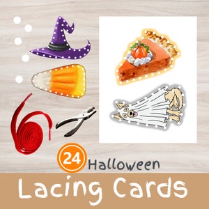 Cartões de amarração para impressão de Halloween – 24 páginas, atividade motora fina, ferramentas educacionais pré-escolares, inspirado em Montessori
