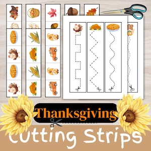 Thanksgiving-Themed Cutting Strips for Kids | Scissor Skills Practice | Preschool Worksheets | Fine Motor Activities