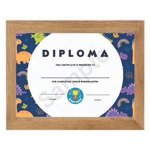 Diploma de jardín de infantes junior de dinosaurio - Imprimible 8.5"x11" - Descarga instantánea JPG/PDF - Certificado de bricolaje - Graduación personalizada para niños