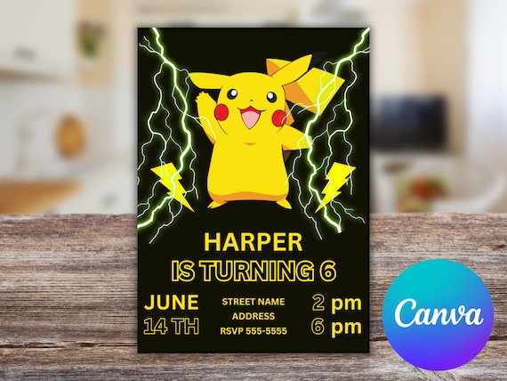 Pokemon Invite, Poke Birthday, Pikachu Birthday, Invitation Template, Instant Download, Editable with Canva, 5x7 Inches