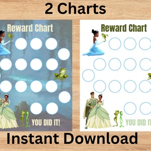 May include: Two printable reward charts featuring a princess and a frog from the Disney movie The Princess and the Frog. Each chart has 20 circles for stickers or stamps and the text "You Did It!" at the bottom.