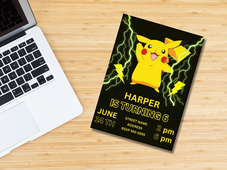 May include: A black and yellow birthday invitation with a cartoon Pikachu character. The invitation says "Harper is turning 6" with the date and time of the party.