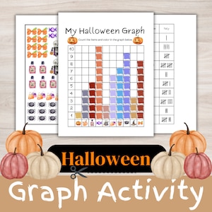 May include: A printable Halloween graph activity worksheet with a grid for counting and coloring different Halloween items. The items include pumpkins, candy, witches' hats, and spiders. The worksheet also includes a tally chart for recording the number of each item.