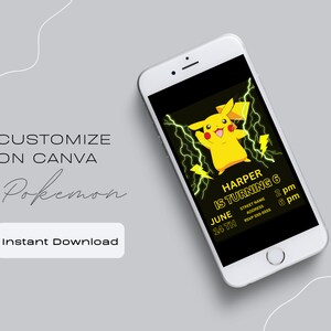 May include: A customizable Pokemon birthday invitation template for a 6-year-old. The invitation features a yellow Pikachu character with lightning bolts on a black background. The text on the invitation reads "Harper is turning 6" with the date and time of the party.