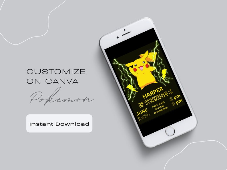 May include: A customizable Pokemon birthday invitation template for a 6-year-old. The invitation features a yellow Pikachu character with lightning bolts on a black background. The text on the invitation reads "Harper is turning 6" with the date and time of the party.