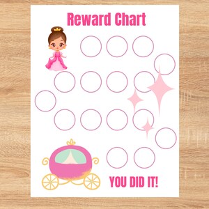 May include: A pink and white princess-themed reward chart with a cartoon princess, a carriage, and 15 circles to colour in. The chart says "You Did It!" at the bottom.