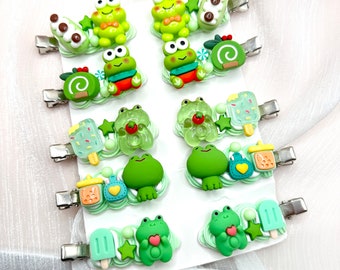 Kawaii Frog hair clips, Green Animal Hair Clips, Handmade frog hair clips, Random 1, cute decoden hair accessories, each one is unique