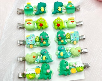 Kawaii Dino hair clips, Green Animal Hair Clips, Handmade Dinosaur hair clips, Random 1, cute decoden hair accessories, each one is unique
