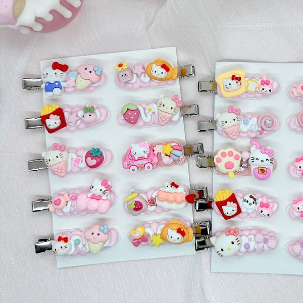 Kawaii Hello Kitty hair clips, Random 1 clip, Handmade Pink Kitty Barrette, cute decoden hair accessories, each one is unique