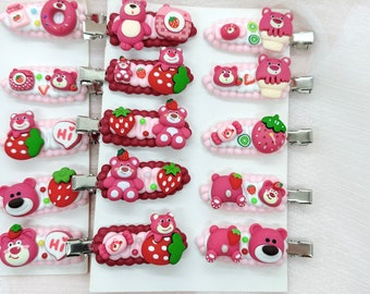 Kawaii Lotso Bear hair clips, Handmade Strawberry Bear Barrette, Random 1, cute decoden hair accessories, each one is unique