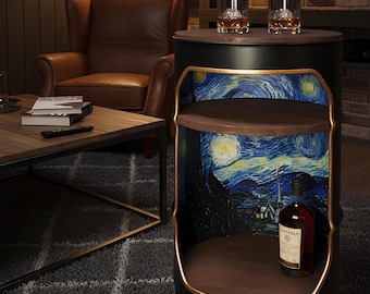 Van Gogh Starry Night Oil Barrel Drum Cabinet bedside table nightstand minibar furniture side end modern interiors recycling Eco-Conscious