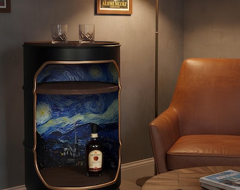 Van Gogh Starry Night Oil Barrel Drum Cabinet bedside table nightstand minibar furniture side end modern interiors recycling Eco-Conscious