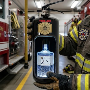 Può includere: Un estintore nero riutilizzato come mobile bar con un centro scavato contenente una bottiglia di vetro trasparente di Roku Gin. L'esterno presenta un emblema color oro con il testo YOUR LOGO e un'insegna dei vigili del fuoco.