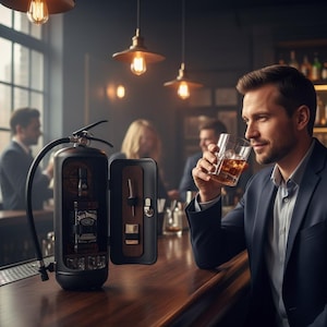 May include: A black fire extinguisher-style bar cabinet, open to show a bottle of Jack Daniel's whiskey, shot glasses, and bar tools. A man in a suit is holding a glass of whiskey at a bar.