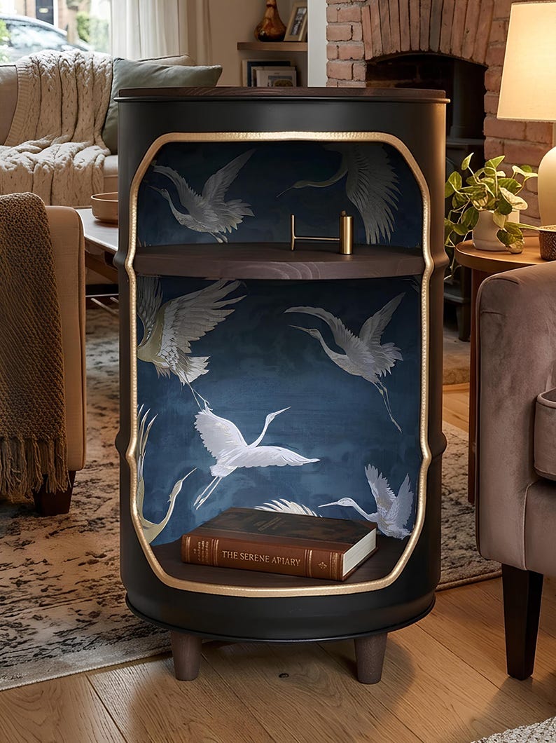 May include: A cylindrical black cabinet with a gold-trimmed open front featuring a dark blue interior wallpaper with white crane illustrations. The unit has two dark wood shelves, short wooden legs, and a book titled The Serene Apiary on the bottom shelf.