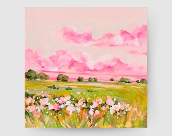 Originele kleurrijke wilde bloem schilderij, vrolijke lente weide kunst aan de muur
