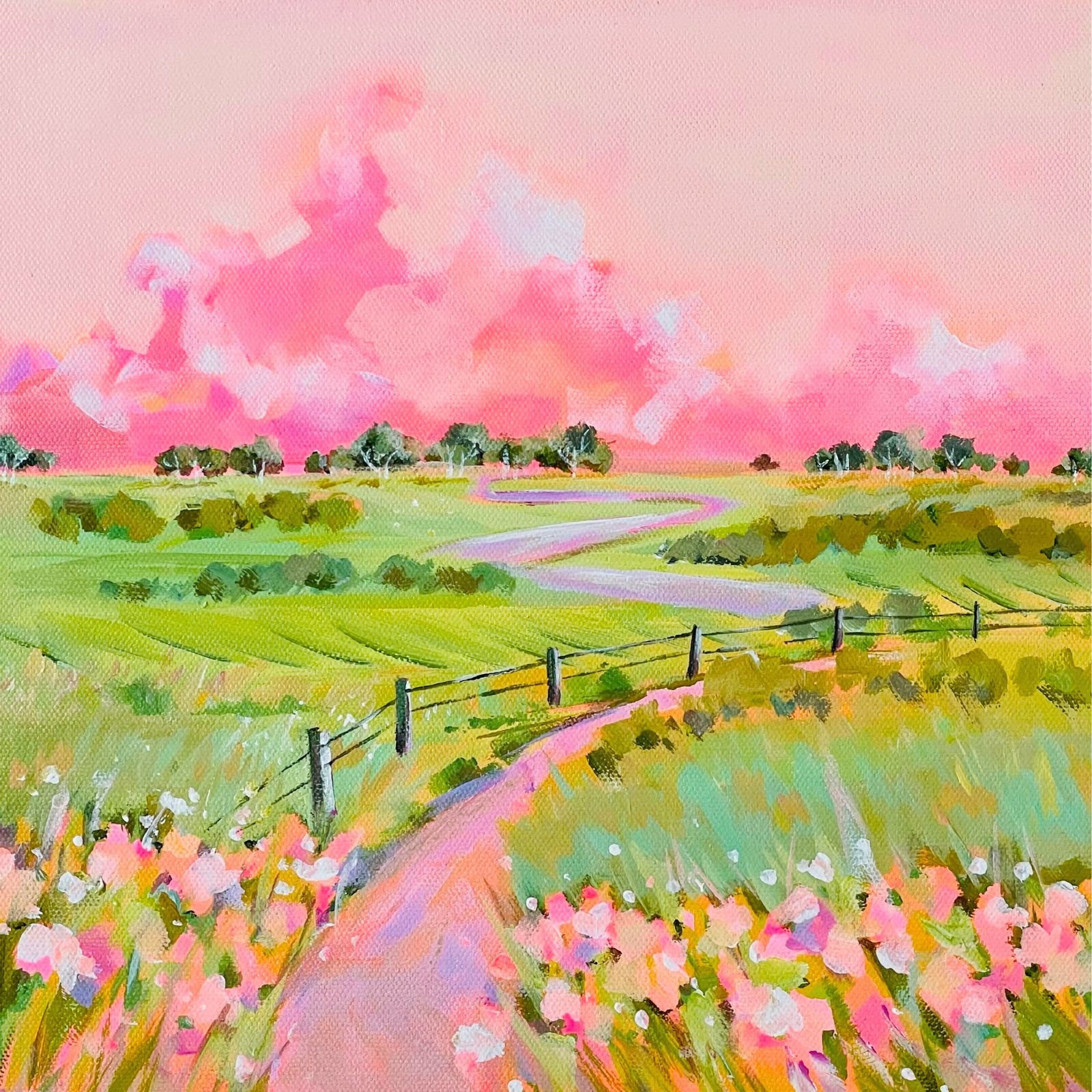 Original Colorful Countryside Landscape Painting, Happy Country