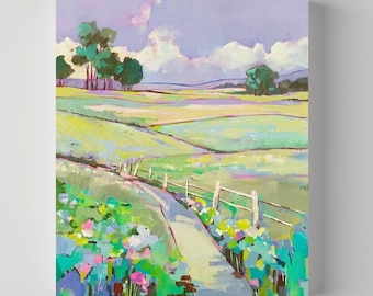 Origineel landschapsschilderij landschap | Kleurrijk kunstwerk met wilde bloemen