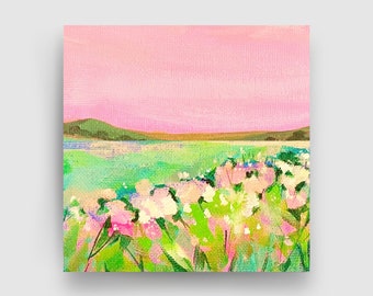 Original Colorful Wild Flower Field Painting, Bright Happy Colors Wall Art