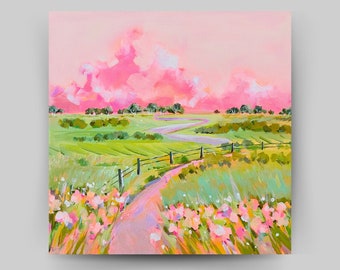 Pintura original de paisaje de campo colorido, arte de Happy Country Road