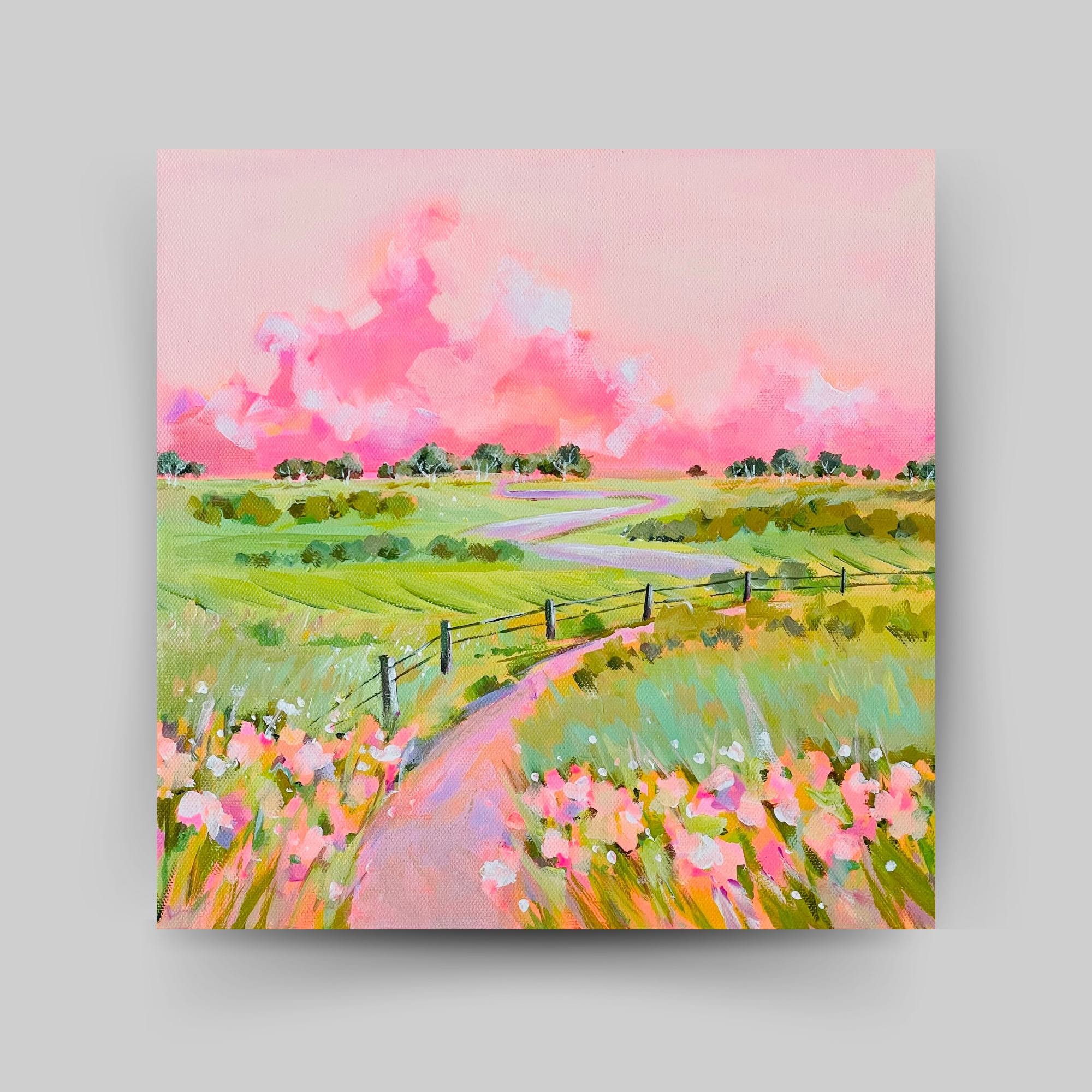Original Colorful Countryside Landscape Painting, Happy Country