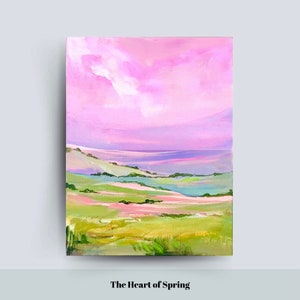 Puede incluir: Pintura abstracta de un paisaje con colinas onduladas y un cielo rosa. La pintura se titula "The Heart of Spring".