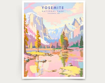 May include: A vintage travel poster for Yosemite National Park in California, USA. The poster features a colorful illustration of a mountain range reflected in a lake with trees in the foreground. The text "Yosemite National Park, California, USA" is printed in blue at the top of the poster.