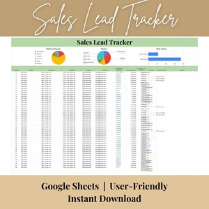 Könnte beinhalten: Eine digitale Tabellenkalkulation zur Verfolgung von Leads mit Diagrammen und Datentabellen. Der Titel "Sales Lead Tracker" steht oben, mit den Sätzen "Google Sheets | User-Friendly | Instant Download" unten. Der Hintergrund ist hellbraun.