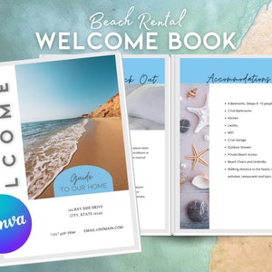 Plantilla editable de Canva para libro de bienvenida de alquiler en la playa para anfitriones de Airbnb, tamaño carta de EE. UU.