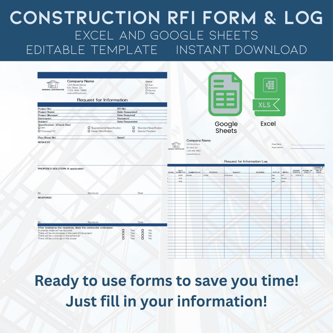 Construction RFI Form and Log Spreadsheet Template, Excel and Google ...