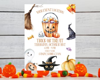 May include: A Halloween-themed invitation with a pumpkin bucket filled with candy, pumpkins, a black cat, and a witch's hat. The text reads "Trick or Treat, Thursday, October 31st, 6 PM - 9 PM, Candy | Games | Fun."