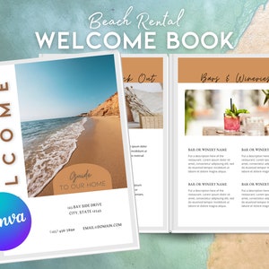 Plantilla editable de Canva para libro de bienvenida de alquiler en la playa para anfitriones de Airbnb, tamaño carta de EE. UU.