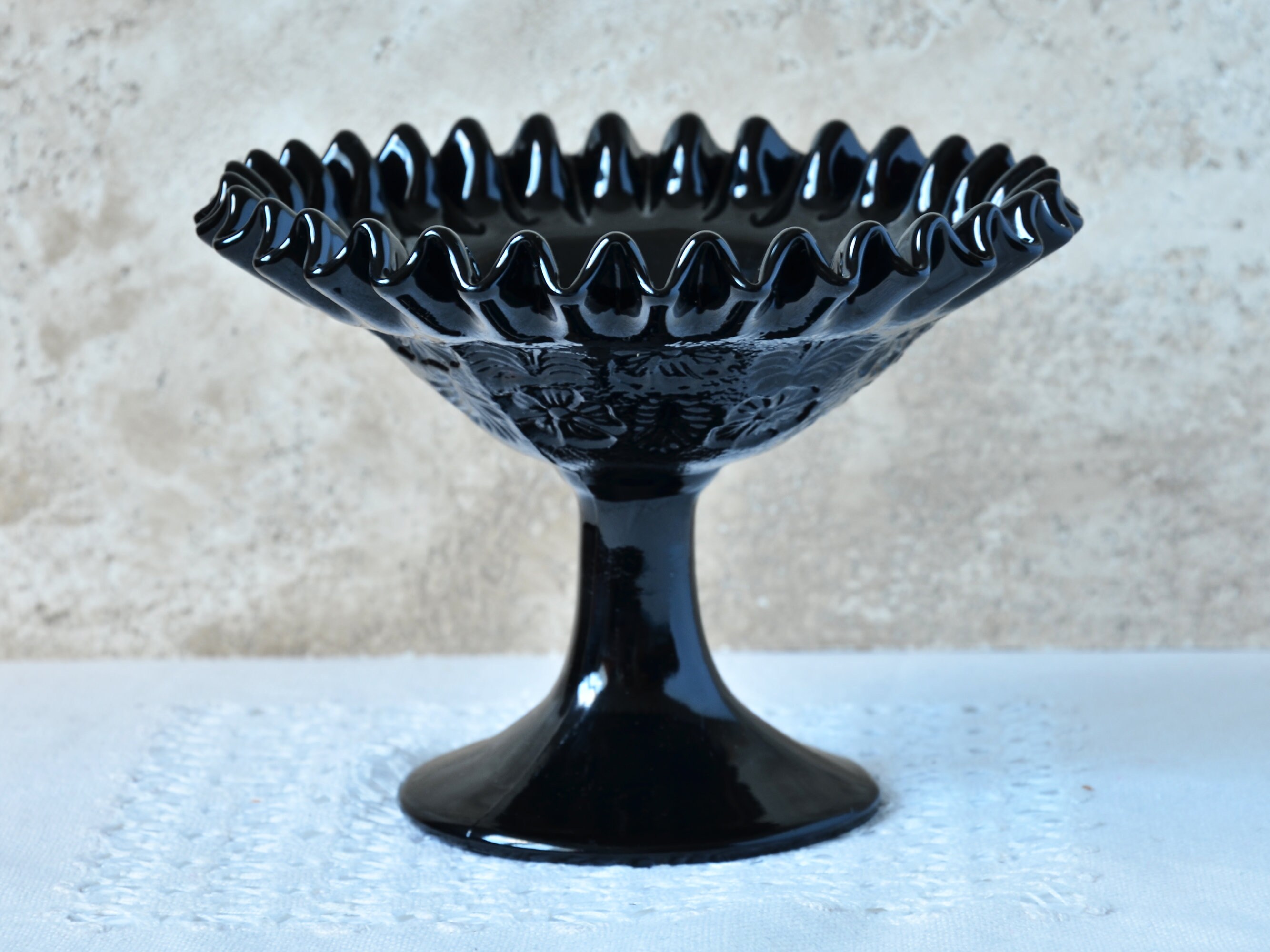 Black Glass Bowl Ruffled Rim Vintage Candy Pedestal Bowl Etsy