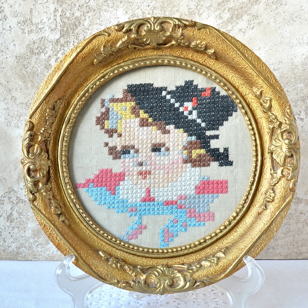 Antique Gold Ornate Frame for Wall 1970s, Round Golden Picture Frame Art 10 inch, Vintage Stitched embroidery (Child with Hat) Tapestry